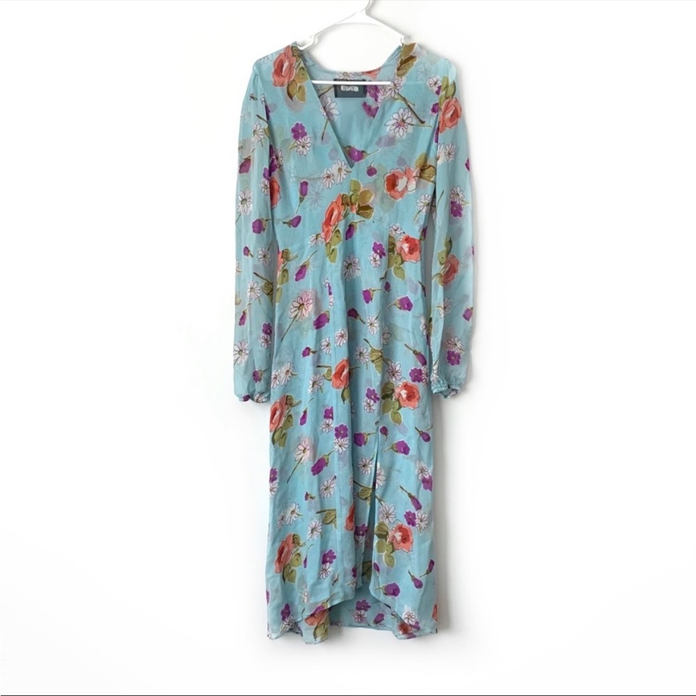 Reformation long sleeve teal floral maxi dress with slit